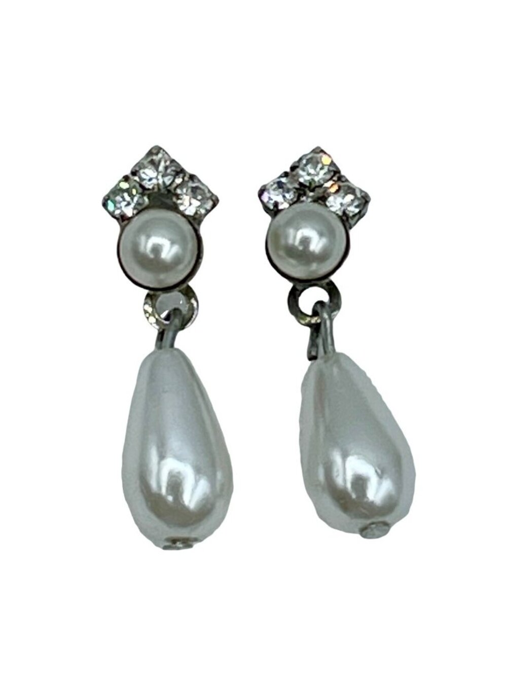 Teardrop Pearl Crystals Dangle Earrings Silver Tone Vintage Signed Cinerama USA - Picture 2 of 7